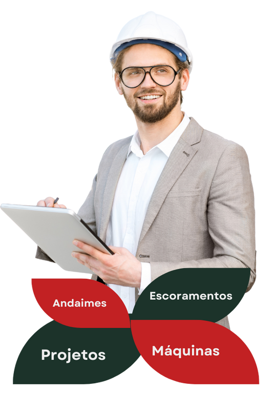 Engenheiro com prancheta e as soluções da Locabel: andaimes, escoramentos, projetos e máquinas